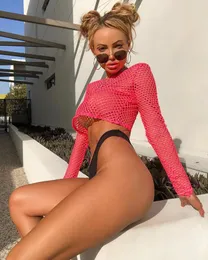 Marca mujer Sexy ver a través de malla Fishnet Crop Top camiseta playa traje de baño Bikini cubrir mujeres