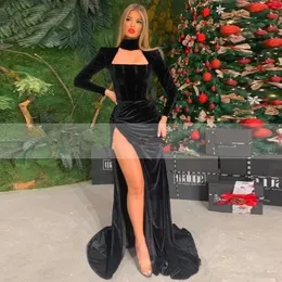 Sexy Black Long Sleeves High Neck Mermaid Evening Dress Velvet Side Slit Caftan Arabic Prom Gowns Formal Party Dresses