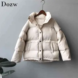 Parkas de invierno sólidas para mujer, chaqueta de cuello levantado de manga larga a la moda, abrigo informal cálido de una sola botonadura para mujer, prendas de vestir holgadas, chaquetas 210515