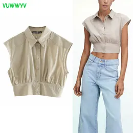 Sommar Khaki Bomullskörd Top Kvinnor Mode StreetWear Woman Collar Shirts Casual Ärmlös Snap Button Ladies Toppar 210430