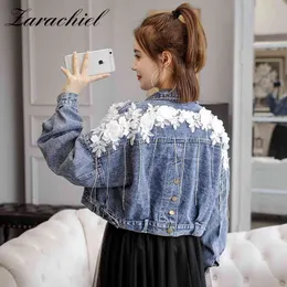 Harajuku Short Denim Chaquetas Abrigo Otoño Mujeres Moda Apliques Manga larga Flor de gran tamaño Jean Top Girls Outwear suelto 210416