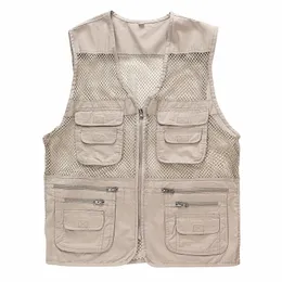 Solid Män Fiske Life Vest Outdoor Multi-Pocket Outwear Mesh Hollow Out Mens Västar Casual Andas POGRACE GILET 210524