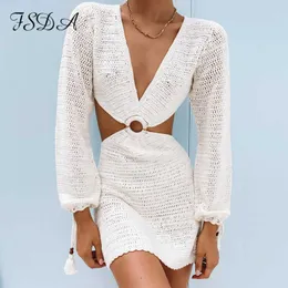 FSDA 2021 Knit Stripe Długim Rękawem Sukienka Beach Backless Summer Hollow Out Women V Neck Sexy Party Mini Dresses Casual White Y0603