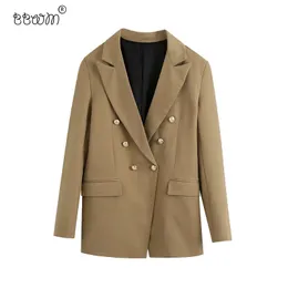 女性のファッションダブルブレストスーツジャケットビンテージ長袖背中ベントコート女性シックなアウター210520