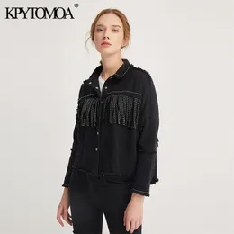 KPYTOMOA Women Fashion Tassel Beaded Oversized Denim Jacket Coat Vintage Long Sleeve Frayed Hem Female Outerwear Chic Tops 211014