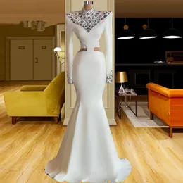 흰색 이브닝 드레스 2022 여성을위한 우아한 긴 소매 하이 넥 플러스 크기 키홀 뒤 공식 무도회 파티 가운 구슬 abendkleider