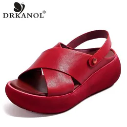 Drkanol Moda Handmade Kobiety Sandały Buty Letnie Oryginalne Kliny Skórzane Sandał Peep Toe Casual Platformy Sandały 210624