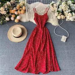 النساء بوهو نمط نقطة طباعة فستان طويل vestidos موهير الأزياء الرجعية امرأة ضئيلة السباغيتي حزام عارية الذراعين فساتين حمراء 210525
