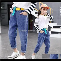 Baby kläder baby, barn moderskap droppe leverans 2021 tjejer byxor barnbälte jeans 4-14 år gammal koreansk mode hög midja vintage