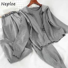 Neploe 3 Piece Set Women Hooded Collar Zipper Long Sleeve Coats + Letter Sling Vest + Elasticity Harem Pants Knitting Suits 210423