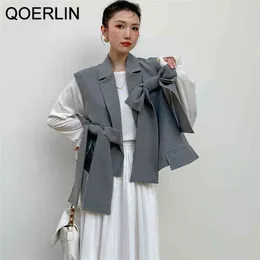 Fashion Sleeveless Blazer Women Office Ladies Formal Jacket Coat Bow-knot Suit Vest One Button Grey 210601