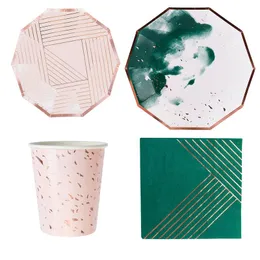 Disposable Dinnerware 8PCS Gold Foil Decagon Chinese Style Green Tableware Set Christmas Wedding Party Paper Plates Cups Napkins Straw