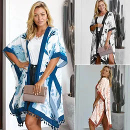 Plażowe Płaszcze Kobiety Przylądek Wakacje Hawaje Kimono Bluzka Cardigan Kobieta Nadmorski Tassel Ochrona przeciwsłoneczna Odzież Mid Długość Luźny Płaszcz Codziennie Casual Wear