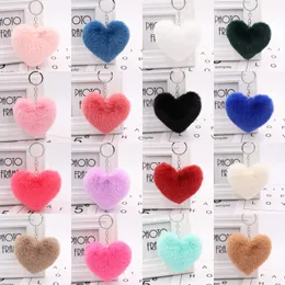 Party Favor Keyrings Heart Keychain Alloy Key Ring Fluffy Fur Ball Keychains Women Bag Cell Phone Car Charm Pendant