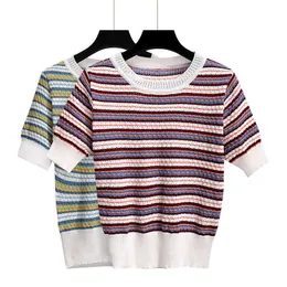 Maglione della maglia della maglia della protezione solare dell'aria condizionata del ritaglio delle donne sottili di design corto capispalla lavorato a maglia piccola mantellina pullover a righe 210604