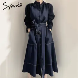 Casual Dresses Syiwidii Women Office Lady Fall 2021 A-Line Solid Sashes Blue Korean Fashion Vintage Harajuku Midi Elegante Button