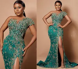 Plus Size Arabic Aso Ebi Hunter Green Mermaid Prom Dresses Lace Beaded High Split Evening Formal Party Second Reception Gowns Dress ZJ6033