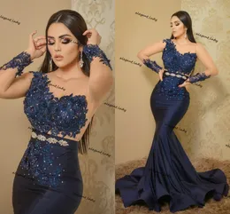 Aso Ebi 2021 Arabic Navy Blue Mermaid Evening Dresses Lace Beaded Prom Dress Sheer Neck long sleeve Formal Party Second Reception Gowns