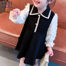 Girls Dress Apring Autumn Long Sleeve Lapel Collar Patchwork College Style Toddler Kids Clothes 210611