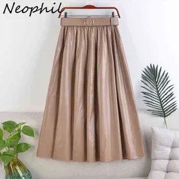 NeoPhil Kış Kadın PU Faux Deri Uzun Etekler Moda Vintage Sashes A-Line Yüksek Bel Flare Kemer Etek Longa Saia S92N6 211120