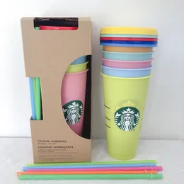 DHL Free 24oz Kleurverandering Tumblers Plastic Drinken Juice Cup met Lip en Stro Magic Koffie Beker Costom Starbucks Kleur Veranderende Plastic 1