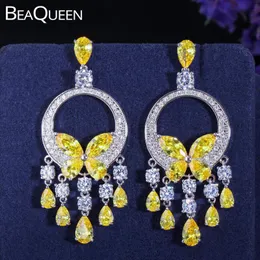 BeaQueen Butterfly Shape Long Tassel Hanging Earrings Micro Paved Yellow Cubic Zircon Crystal Wedding Jewelry For Women E076 Dangle & Chande