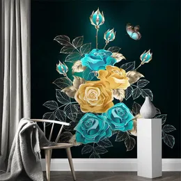 Tapety Niestandardowe Dowolny Rozmiar Mural Tapeta Nowoczesna Moda 3d Gold Folia Streszczenie Różowo Róża Kwiat Motyl Fresco Papel de Parede