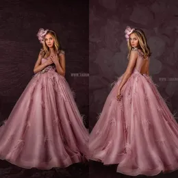 Luksusowe pióro Pink Girls Pageant Dresses V Neck Princess Flower Girl Dress Appliqued First Communion Dress