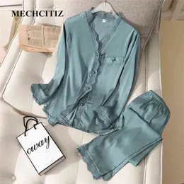 MECHCITIZ Pajamas Satin Women 2PCS Sleep Set Sexy Sleepwear Pants Autumn Silk Pyjama Kimono Bathrobe Nightwear 210831