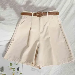 Sashes Casual Women Cotton Shorts Crimping High Waist Slim Summer Chic Ladies Wide Leg Short Pants Loose Girl 210531