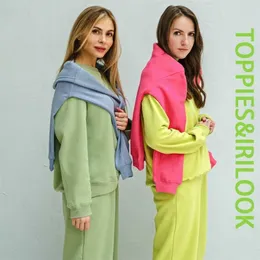 Toppies Casual Oversized Two Piece Set Kvinna kostym Kvinna Tracksuit Pant O-Neck Sweatshirts Vit Sweatpants 211105