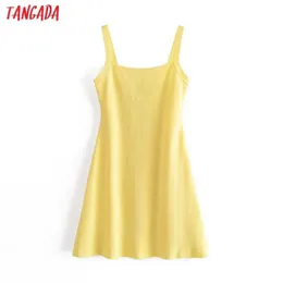Tangada Fashion Yellow Knit Strap Robes pour femmes Femme Casual A-Line Robe SW43 210609