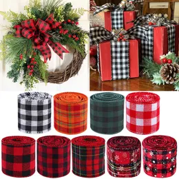 6m Christmas Ribbon Red Black Plaid Linen s Tree Bow Decorations For Home Xmas Gift Wrapping Noel 2020