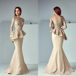 Champagne 2022 Mermaid Mother of Bride Dresses Lace Applique Ruffles Mother Of the Bride Dresses Long Sleeves Formal Evening Gowns