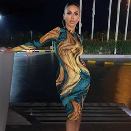 Dulzura Frauen Midikleid Tie Dye Print Langarm Bodycon Sexy Streetwear Party 2019 Herbst Winter Festival Kleidung Clubwear X0705