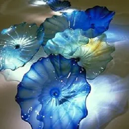 Hand Blown Blue Glass Plates Wall Lamps Murano Flower Hanging Plate for Living Room Hotel Lobby Restaurant Art Decoration Indoor