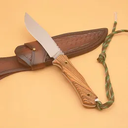 Överlevnad rak kniv 8Cr13mov satinblad full tang wenge handtag fasta blad knivar med läder mantel