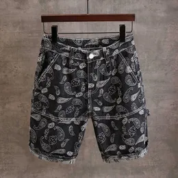 Sommar street mode män jeans tryckta broderier designer casual overall cargo denim shorts lös passform hip hop kort