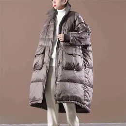 Alegogoの冬の女性の厚い90％ホワイトアヒルダウン長いパーカーカジュアル女性のポケットジッパーの雪が緩んでジャケット210923