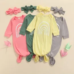 4 Kleuren Pasgeboren Baby Meisjes Jongens Slaapzakken Turban 2 stks Outfits 0-6m Rainbow Gedrukt Lange Mouwen Deken Slaapzak