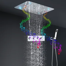 Łazienka Bluetooth Muzyka LED Prysznic Zestaw Wbudowany Sufitowy Wodospad Ranfall Ranfall Prysznic 580 * 380mm Baterie termostatyczne