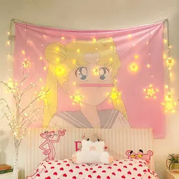 Custom tapestry Printed College dorm Blankets Sailor Moon Cartoon Wall Tapestry hanging Free star lights covering 210608