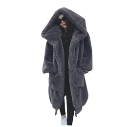 Kurtki damskie Zimowe kobiety Wysokiej jakości sztuczny futra luksusowy długi luźny płaszcz z kapturem grube ciepłe plus samice Pluszowe płaszcze #t2g