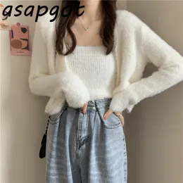 Temperamento Elegante Set V Collo V Bianco Giacca Cardigan Knit + Camisole Tops Coreano Chic Abbigliamento moda Sweet Sweet SwearsJumprs 210429