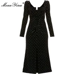 ファッションデザイナー夏の水玉プリントロングドレス女性の黒い袖エレガントなパーティードレス210524