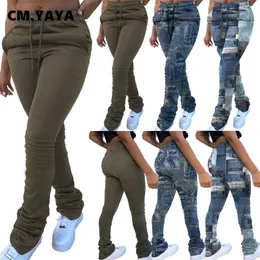 CM.YAYA Fake Jeans Print Dam Byxor Legging Hög midja Flare Bell Bottom Ruched Stack Byxor Draperad Jogger Sweatpants 211007