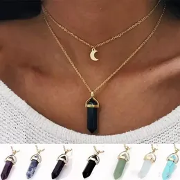 Natural Stones Moon Pendants Necklace Double Layer Gold Link Chains Women Crystal Quartz Bullet Hexagonal Prism Point Healing Charm Jewelry for Party Favor CG001