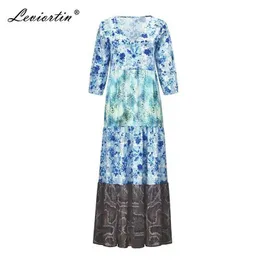 Leviorortin Kobiety Długie Maxi Dresses Bohemia V-Neck Trzy Czwarty Rękaw Kwiatowy Drukuj Lato Plaża Kobieta Split Stylowa Dress 210527