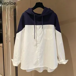 Neploe Fashion White Hooded Tops Patchwork Cotton Shirt Women Spring Fake Two Piece Blusas Contrast Color Blouse 4l214 210422