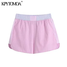 KPYTOMOA Women Chic Fashion Patchwork Striped Shorts Vintage High Elastic Waist Side Pockets Female Short Pants Mujer 210719